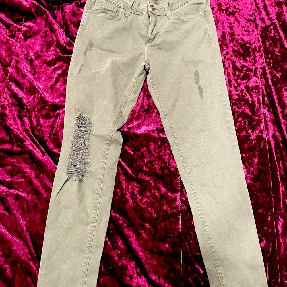 FunJust Black sz26 Skinny Leg in army green. Intentional rips right & left legs